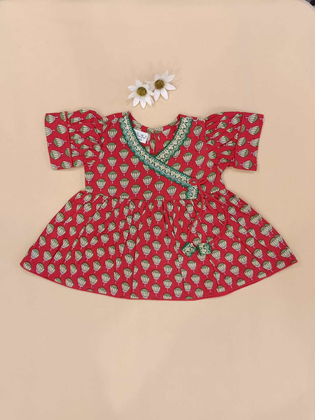 Red Lotus Buti Angrakha Kurti with Tulip Pant