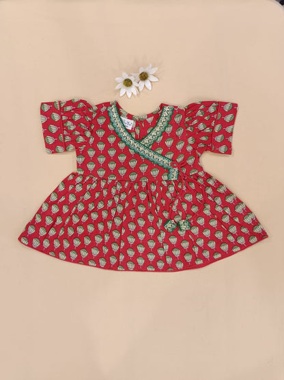 Red Lotus Buti Angrakha Kurti with Tulip Pant