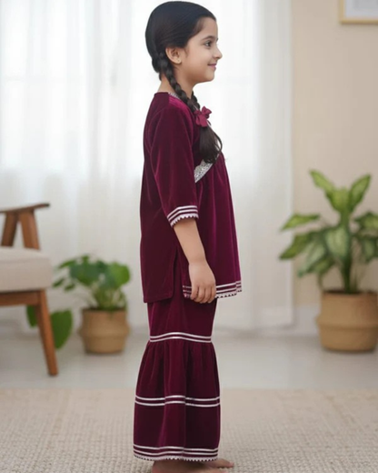 Pink Coloured Alia Cut Velvet Kurti With Sharara