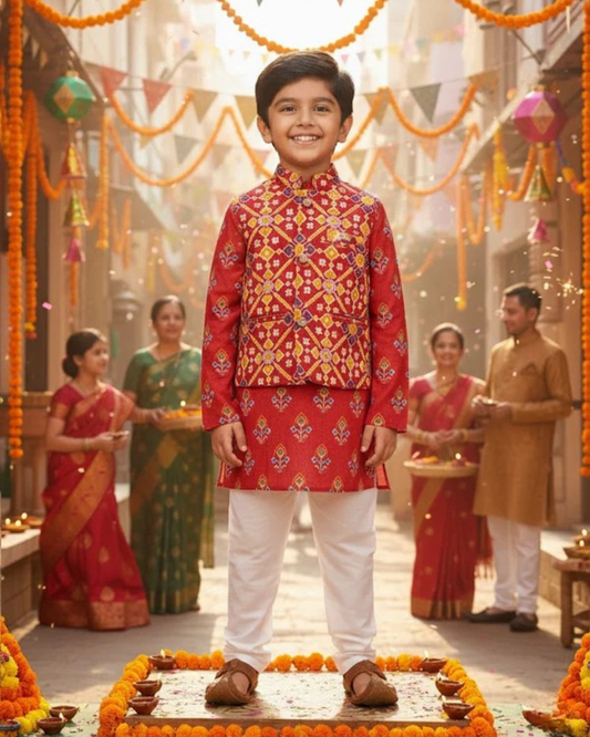 Red Patola Print Jacket with Kurta -Pyjama