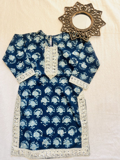 Blue Block Printed Straight Kurta with Palazzo