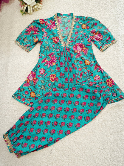 Sea Green Screen Printed Afghani Style Suit Set
