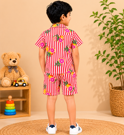 Red Striped-quirky-fruit  printed Cord-Set  for boys