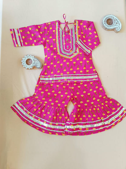 Ethnic wear Screen Printed Pink Kurta With Sharara Set