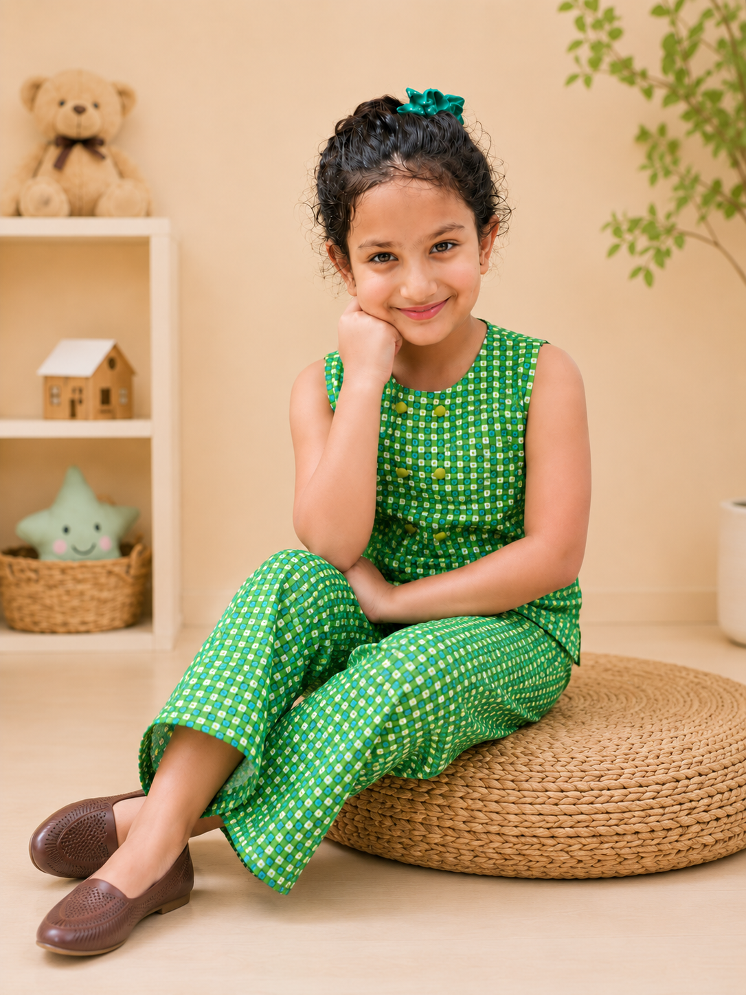 Trending checkered printed waist cost style Co-Ord Set for girls
