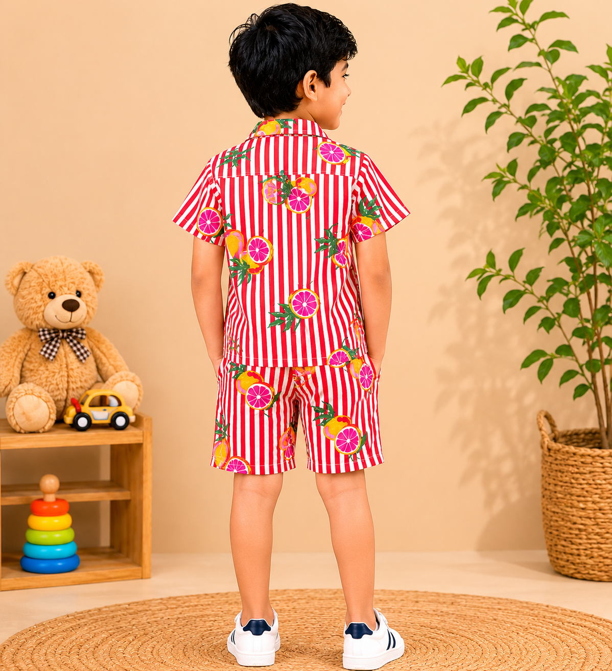 Boys' Striped Quirky Fruit Print Co-ord Set. Handcrafted Cambric Cotton Half Sleeve Shirt & Shorts Set for Comfortable Casual Wear