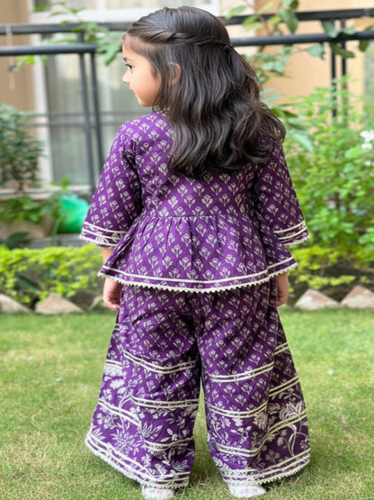 Purple and Blue Floral Printed Gathered Kurta with Palazzo