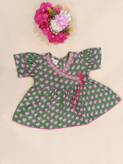 Girls  Lotus Buti Angrakha Kurti with Tulip Pant