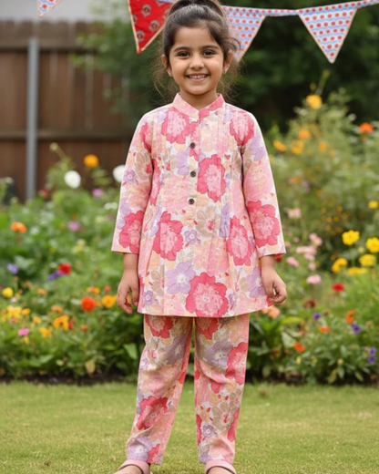 Pink Flower Printed Girls Co-Ord Set