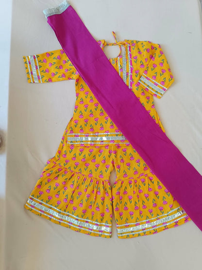 Screen Printed Yellow Kurta With Sharara Set