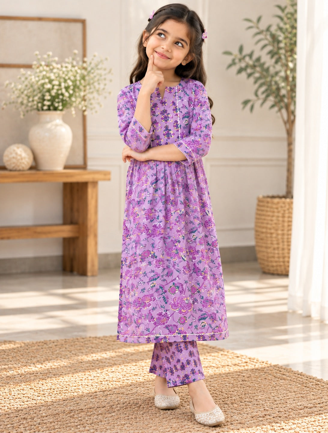 Lavender Colour Floral Printed Nyra Cut suit with Sant