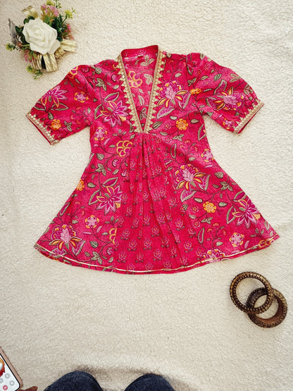 Floral Print Rani Pink Colour Afghani Style Suit Set