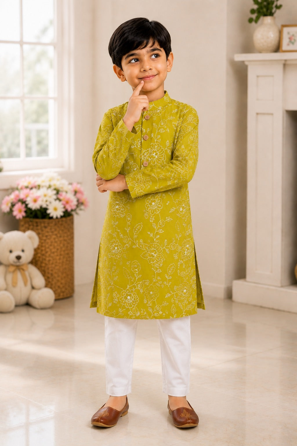 Embroided  Mul cotton Lime Greencoloured  Kurta with embroided Pajama
