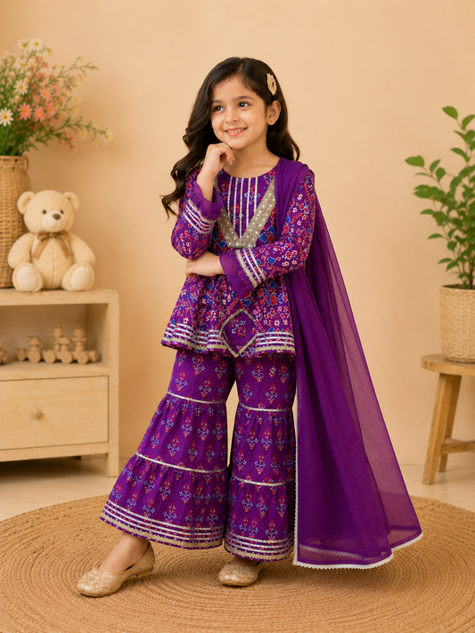 Purpel Patola Printed Cambric Cotton Kurti Sharara Set with Dupatta