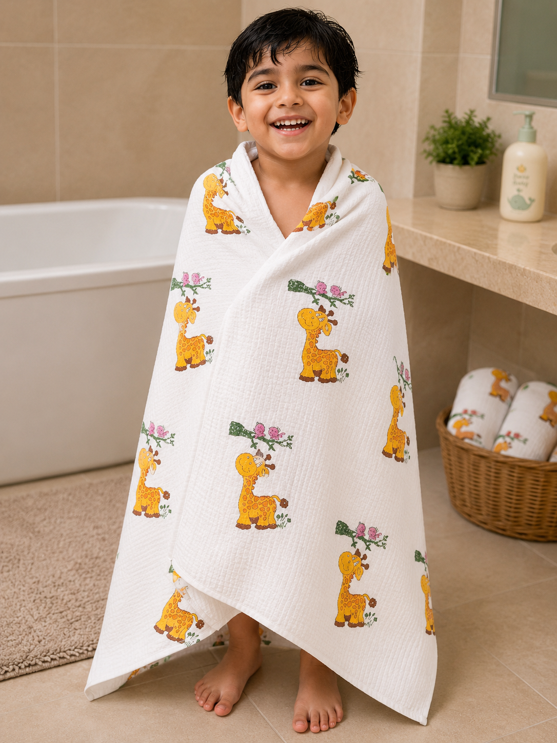 Kids White Waffle Cotton Bath Towel with Cute Giraffe Print
