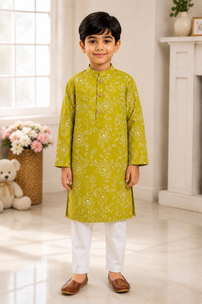 Embroided  Mul cotton Lime Greencoloured  Kurta with embroided Pajama