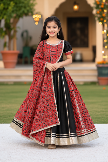 Gujarati Red/ Black Bandhani Lehnga-Choli Set