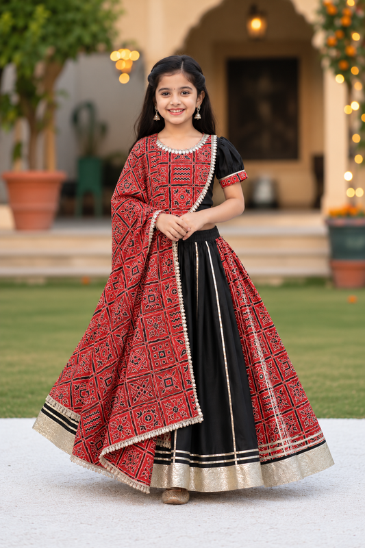 Gujarati Red/ Black Bandhani Lehnga-Choli Set