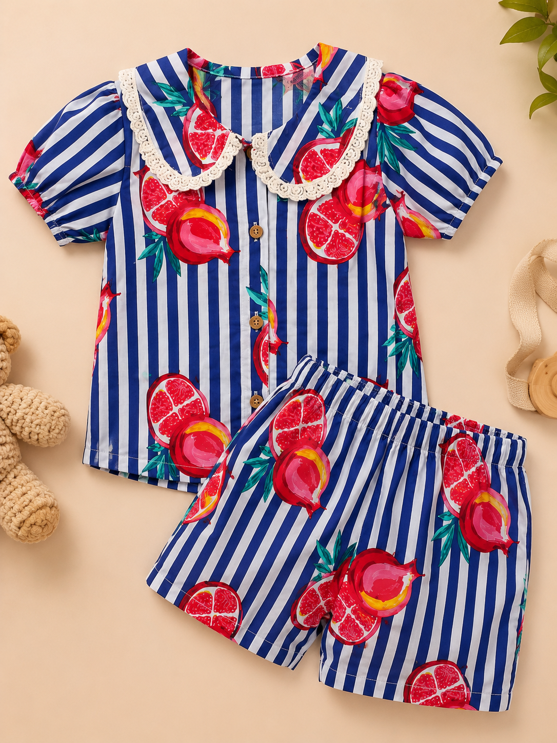 Striped-quirky-fruit  printed Cord-Set  for Girls