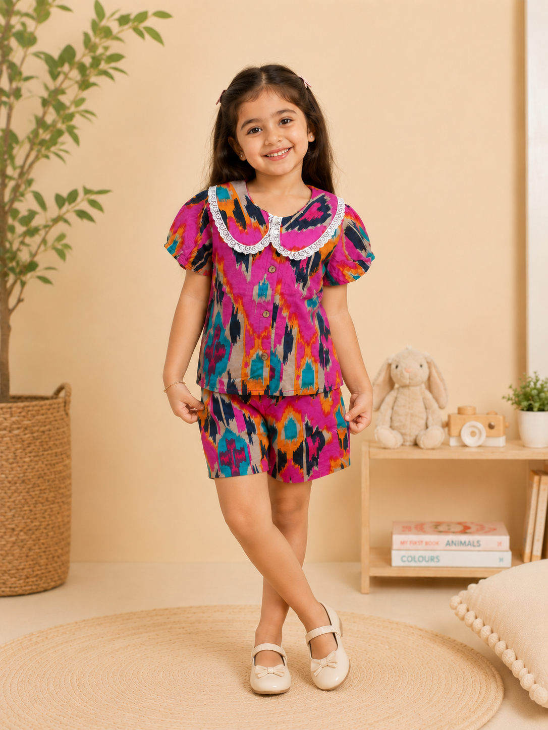 Boys Blue Ikkat & Girls Pink Printed Co-ord Set | Handcrafted Cambric Cotton Half Sleeve Shirt & Shorts Playwear Outfit | Casual Summer Dress Set for Kids