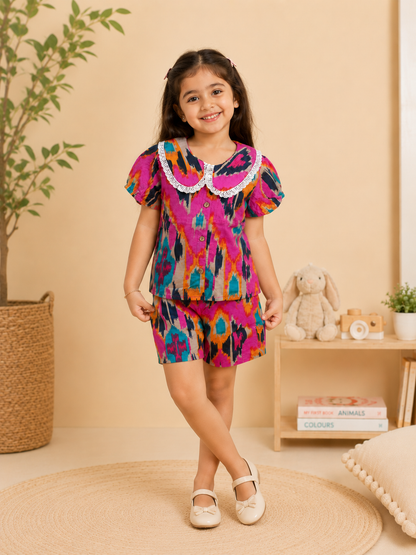 Boys Blue Ikkat & Girls Pink Printed Co-ord Set | Handcrafted Cambric Cotton Half Sleeve Shirt & Shorts Playwear Outfit | Casual Summer Dress Set for Kids
