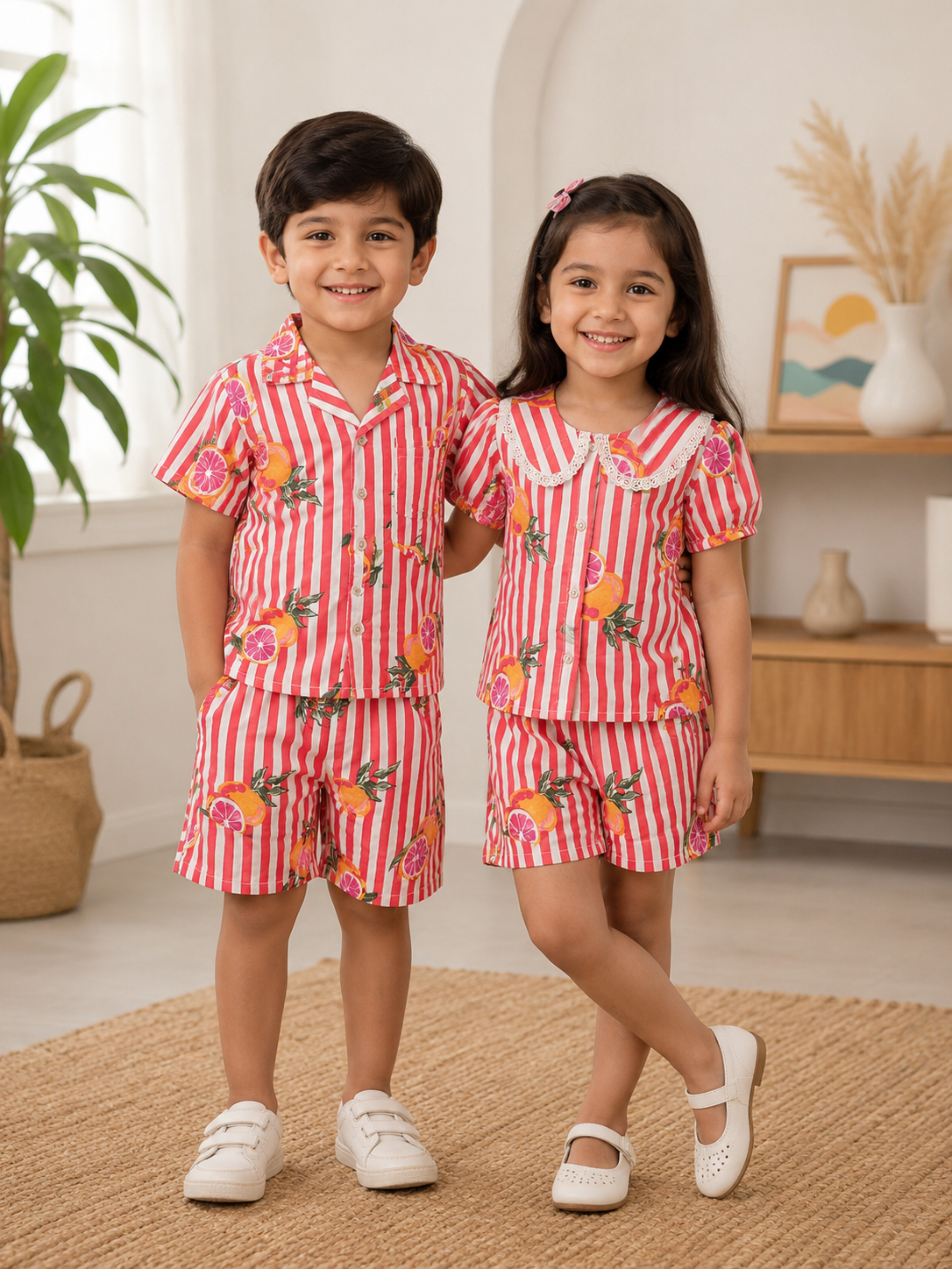 Striped-quirky-fruit  printed Cord-Set  for Girls