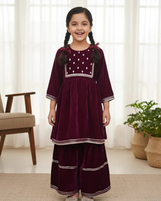 Mirror-Embroidery Velvet  Kurti With Sharara