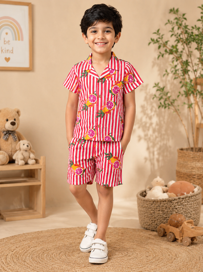 Red Striped-quirky-fruit  printed Cord-Set  for boys