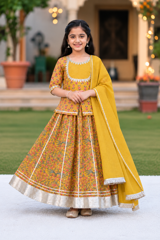 MUSTURD Mughal Boota, screen printed Lehnga Choli set