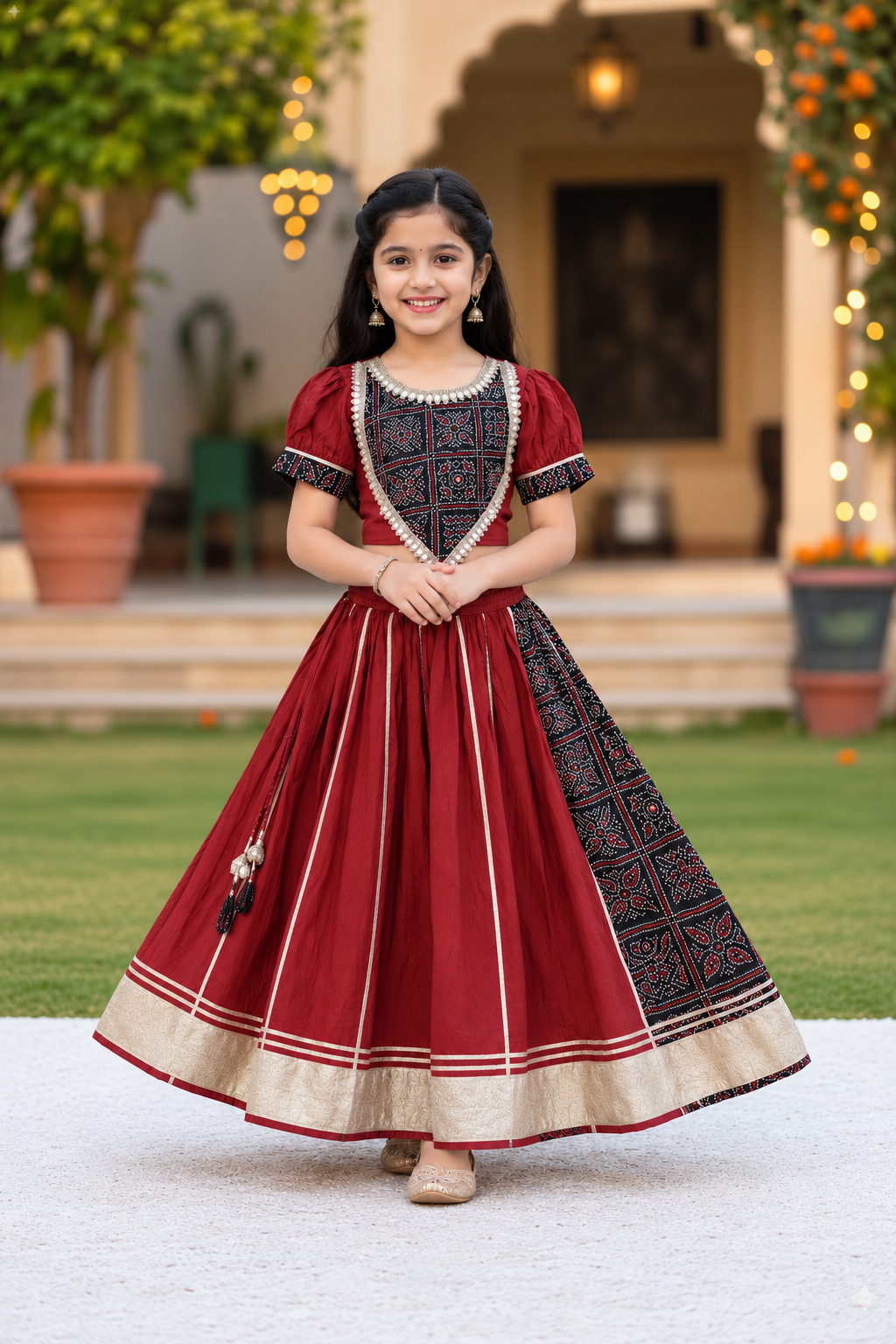 Gujarati Marron/ Black Bandhani Lehnga- Choli set