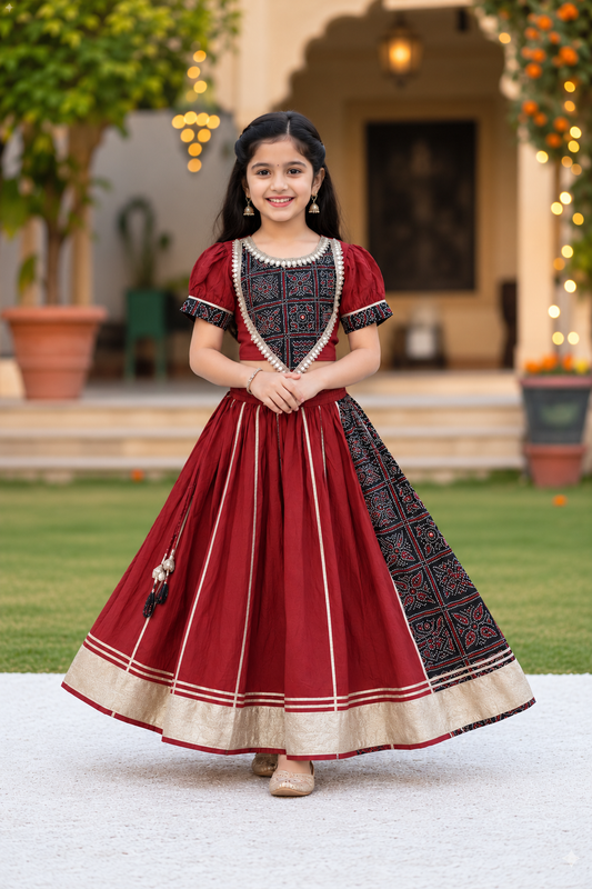 Gujarati Marron/ Black Bandhani Lehnga- Choli set