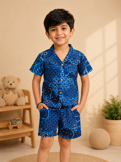 Boys' Abstract Print Co-ord Set. Handcrafted Cambric Cotton Half Sleeve Shirt & Shorts Set for Comfortable Casual Wear