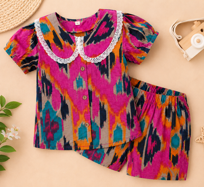 Boys Blue Ikkat & Girls Pink Printed Co-ord Set | Handcrafted Cambric Cotton Half Sleeve Shirt & Shorts Playwear Outfit | Casual Summer Dress Set for Kids