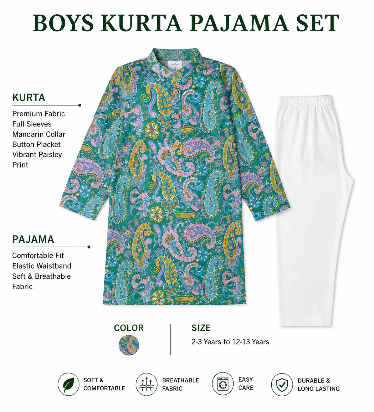 Boys Paisley Printed Cambric Cotton Kurta Pyjama Set