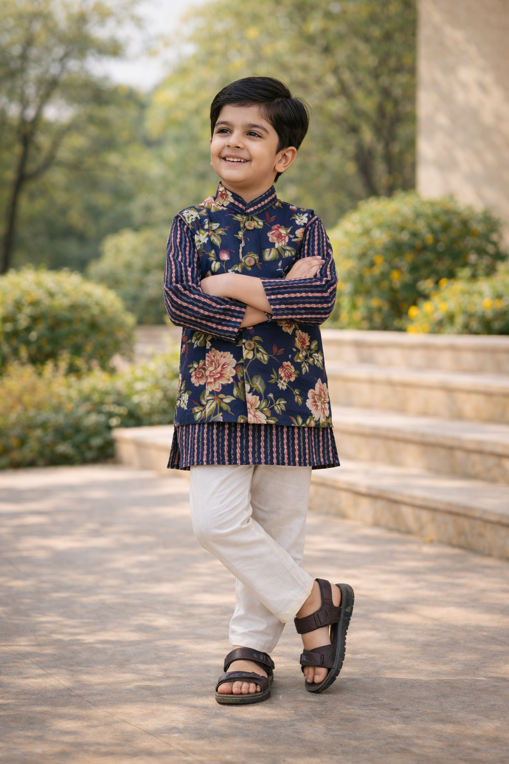 Royal Blue Fulwari Print Jacket with Kurta-Pyjama