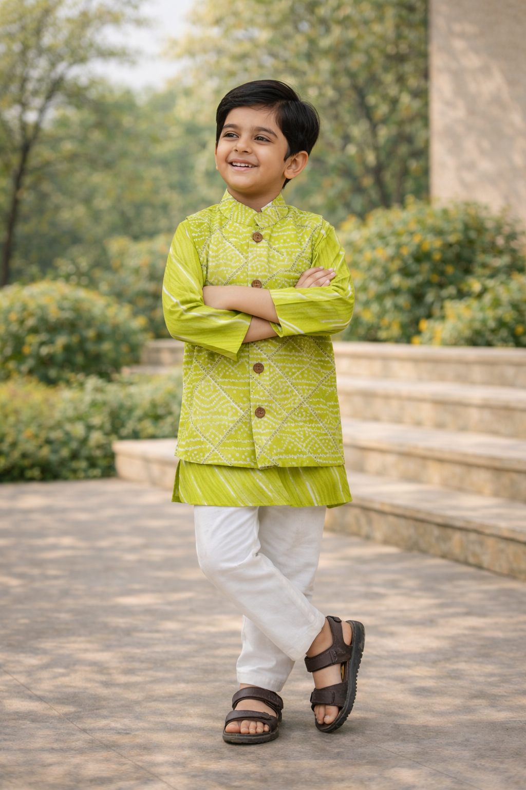 Parrot Green Bandhej Kurta and Jacket with Pyjama (Tie and Dye)