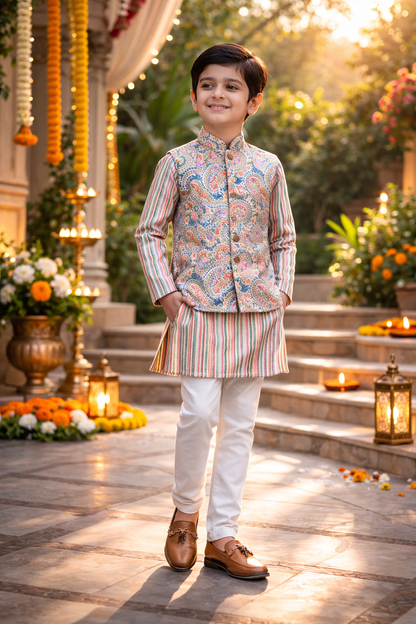 Yellow Pastel Paisley Jacket with Kurta Pyjama
