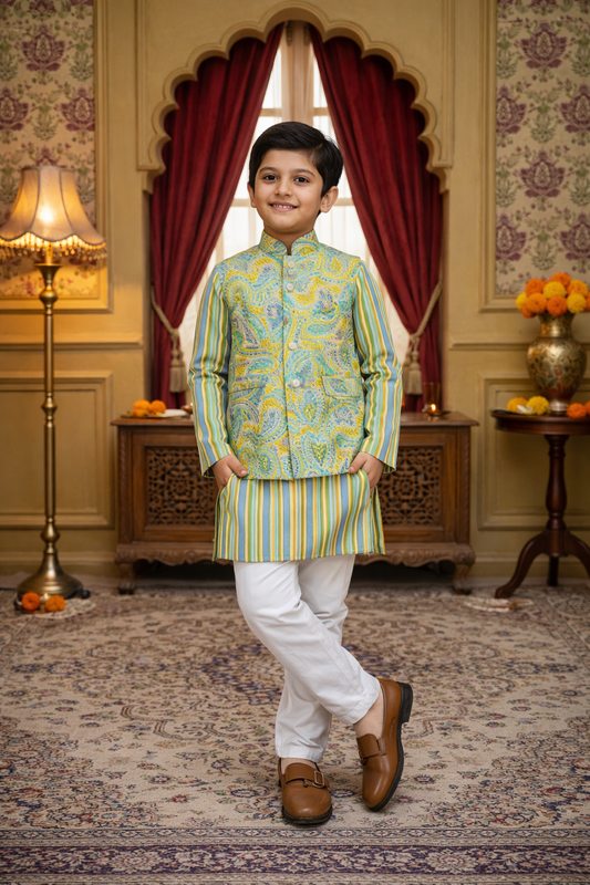 Yellow Pastel Paisley Jacket with Kurta Pyjama