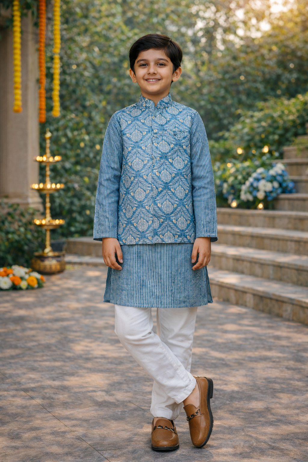 Pastel Genda phool Jacket with Kurta -Pyjama