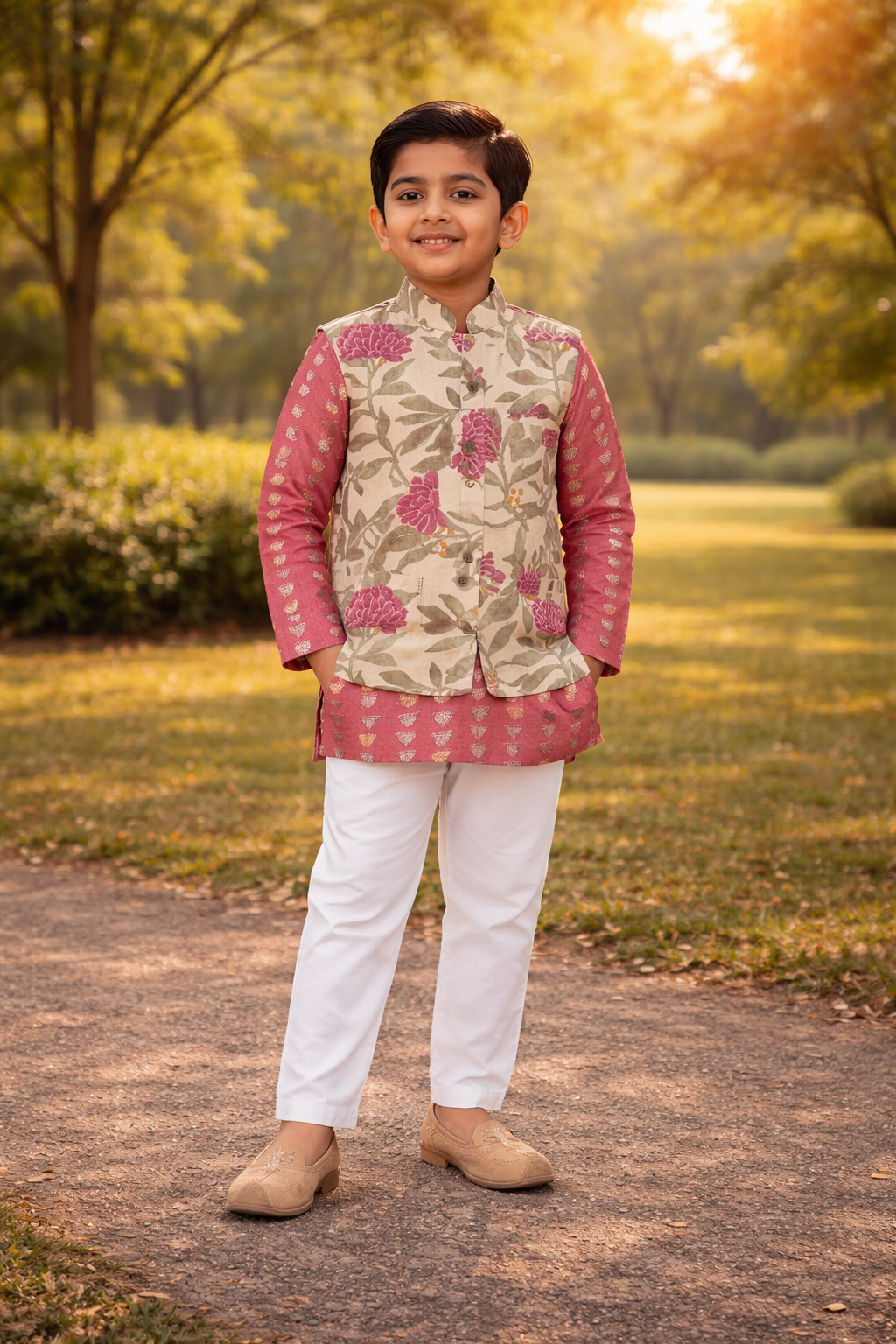 Flower Print Onion Colour Kurta Pyjama With Jacket
