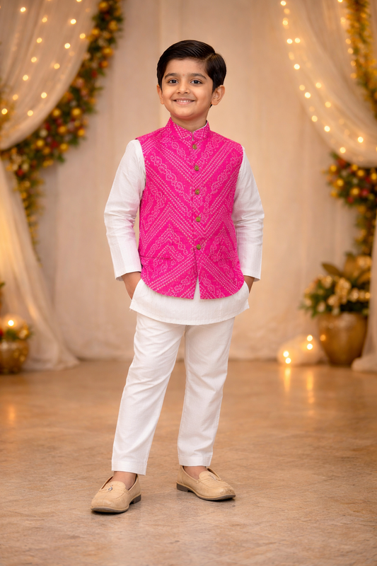 Baby Pink Bandhej Jacket with Kurta -Pyjama (Tie and Dye)