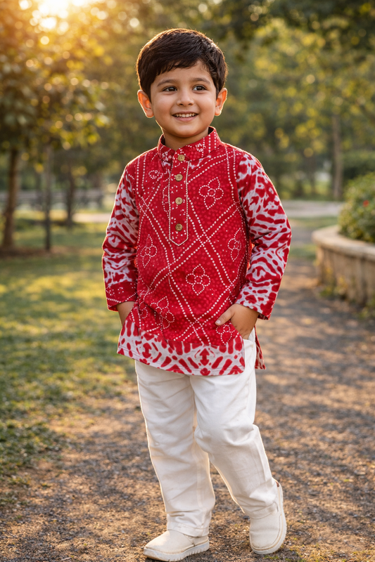 Red Bandhej Kurta And Jacket With Pyjama ( Tie and Dye)