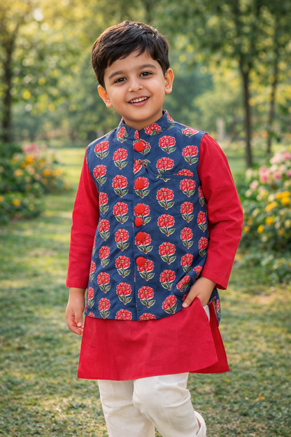 Maroon and navy blue print Jacket with Kurta -Pyjama