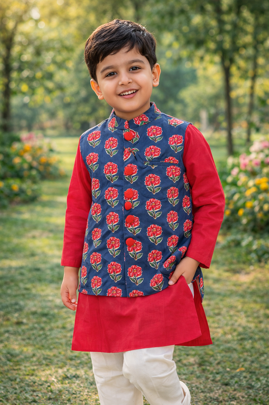 Maroon and navy blue print Jacket with Kurta -Pyjama