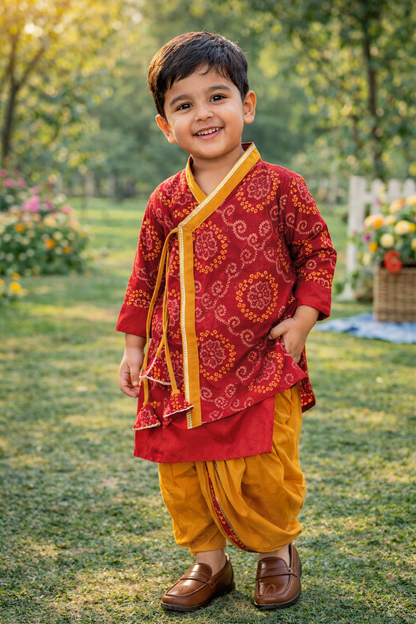 Red Bandhej Print Krishna dress for Janmashtami