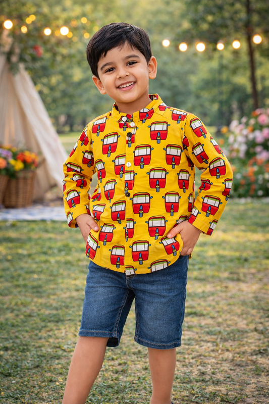 Mustard Quirky Auto  print kurta Shirt
