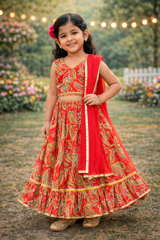 Sleeveless  Floral Print  Red Colour Lehenga Choli
