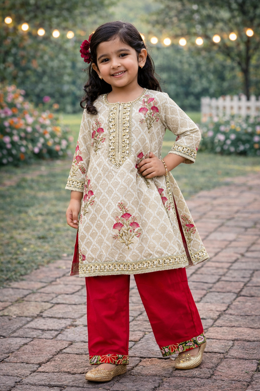 Grey & Pink Colour flower Printed Straight Suit Set