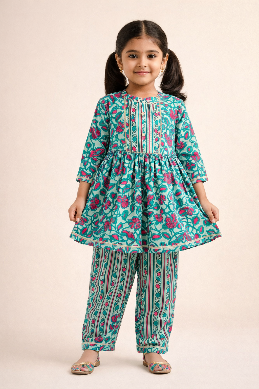 Sea Green Floral Printed 3 Piece Co-Ords For Girls