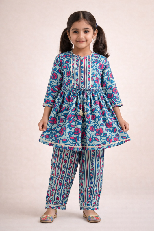 Blue Floral Printed 3 Piece Co-Ords For Girls